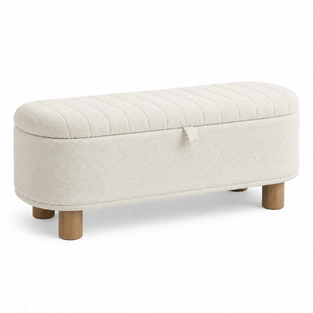 Sitzbank mit Stauraum 120×45×48 cm Bouclé Creme mit Holzfüßen gepolstert