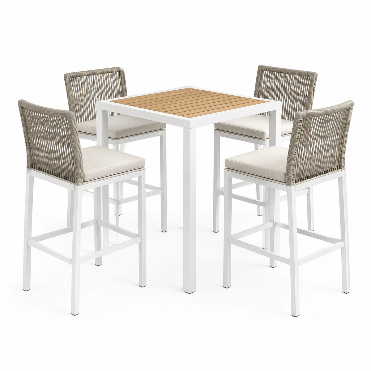 5-teiliges Gartenbarset 80×80×105 cm Aluminium Weiß mit Seilgeflecht und Holzoptik