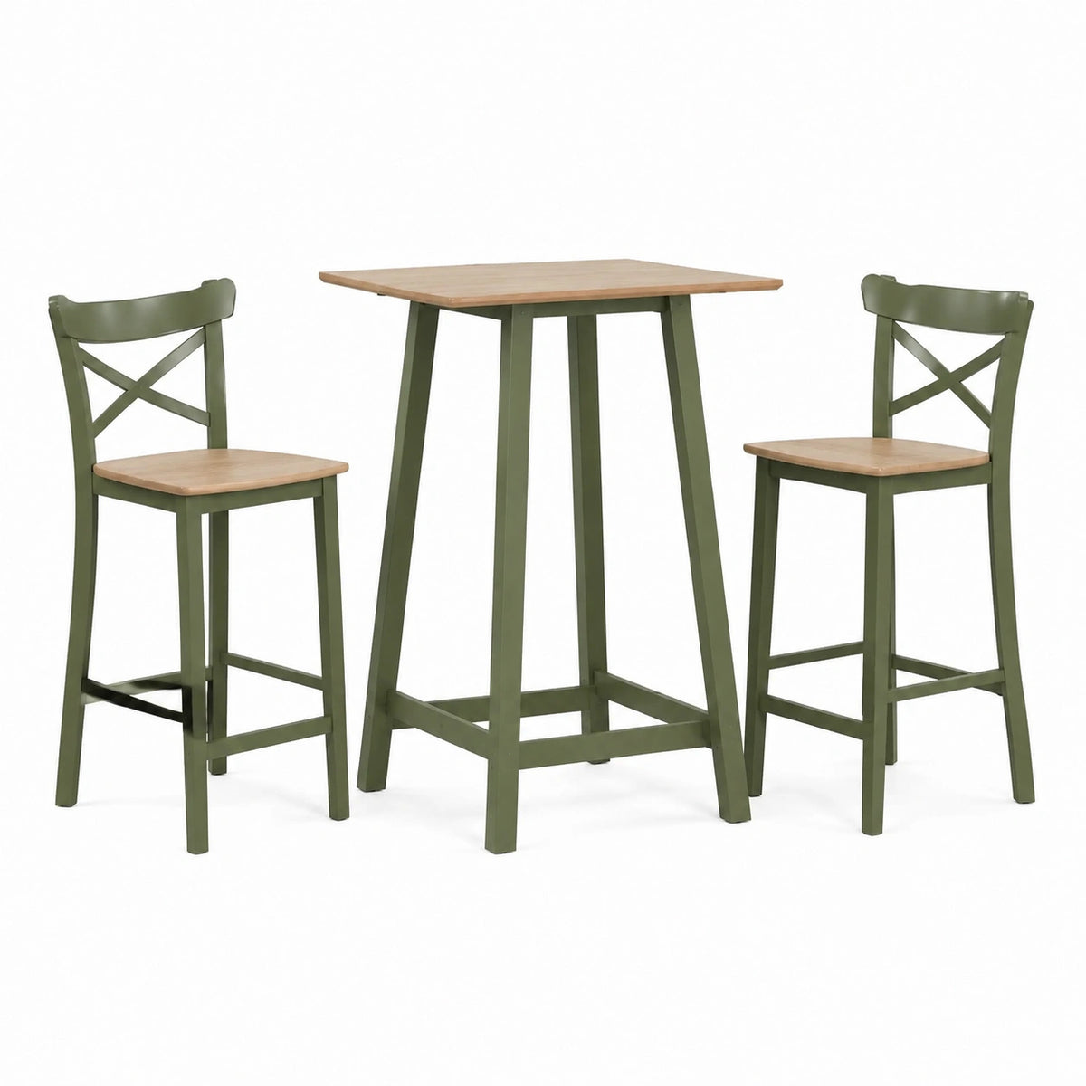 Bartisch-Set 100×60×91 cm Holz Natur Grün mit 2 Barhockern im Landhausstil
