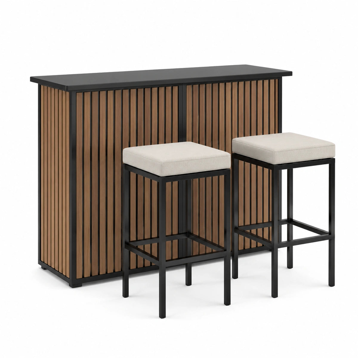Bartisch-Set 120×50×105 cm Holzoptik Schwarz mit 2 Barhockern im modernen Lamellendesign