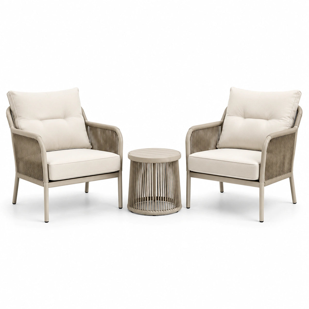 3-teiliges Gartenmöbel-Set Beige mit Metallgestell und Seilbespannung - Tisch Ø50×45 cm