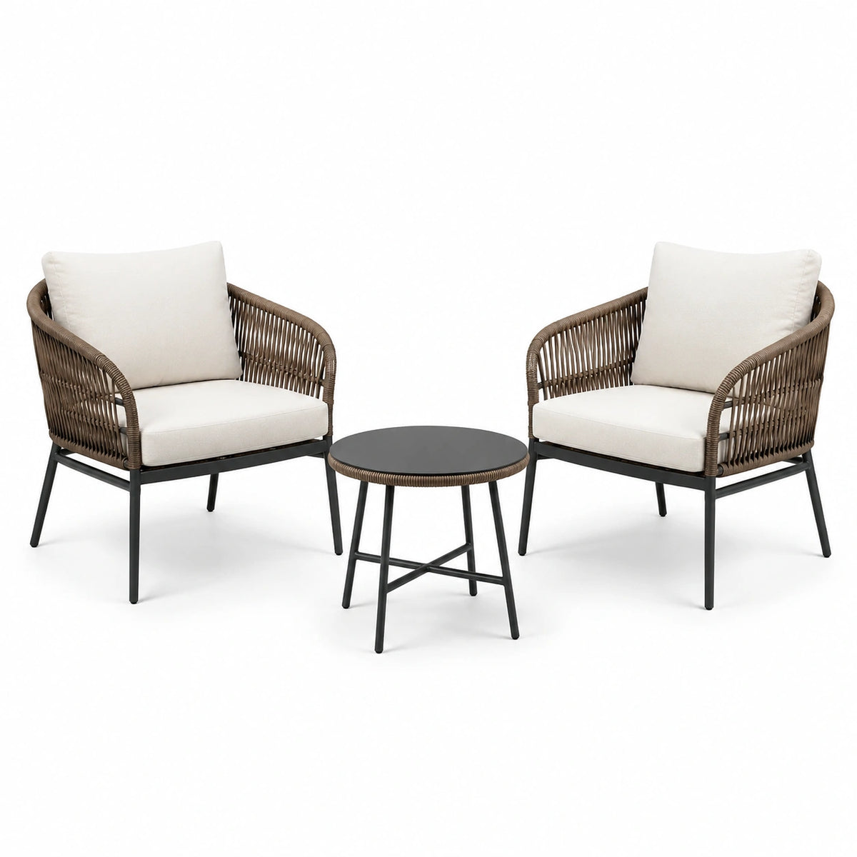 Gartenmöbelset 3-teilig - 2 Sessel 71×68×78 cm mit Tisch Ø50×45 cm braunes Geflecht schwarzes Metall modern für Balkon und Terrasse